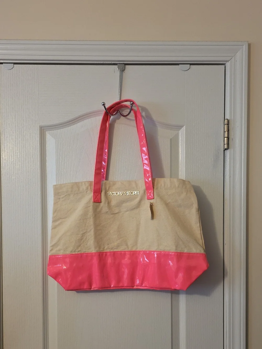 Victoria's Secret Beige Canvas Tote with Bright Pink Trim